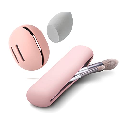 FERYES Travel Makeup Sponge Brush Holder, Soft Silicone Beauty Make Up Brush Blender Case Organizer for Travel- Pink