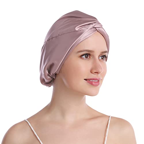 Silk Sleep Cap for Women - Mulberry Silk Bonnet with Elastic, One Size, Bean Pink