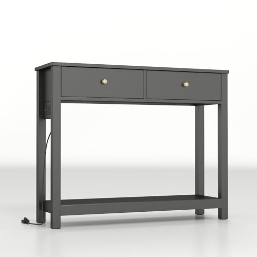 Gizoon 39W Black Sofa Table with Outlets & USB Ports, Modern Console