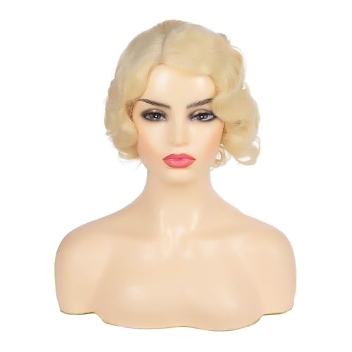 Blonde Short Curly Wig for Women 1920s Costume Halloween Cosplay with Cap - Variation of THIS listing