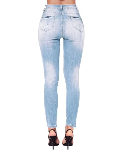 Women's High Waisted Ripped Skinny Jeans Blue 6 / Distressed Butt-Lifting Denim