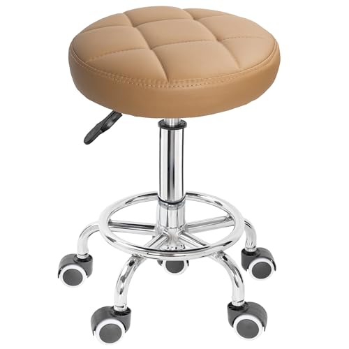 PU Leather Rolling Stool Height Adjustable Round Swivel Stools for Spa Salon Massage Work Chair with Foot Rest Brown