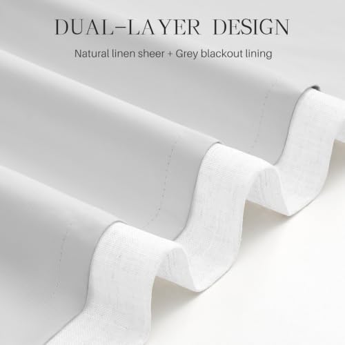 White Blackout Linen Curtains 95 Inches Long, Pack of 2 - Pinch Pleated, 40"W x 95"L