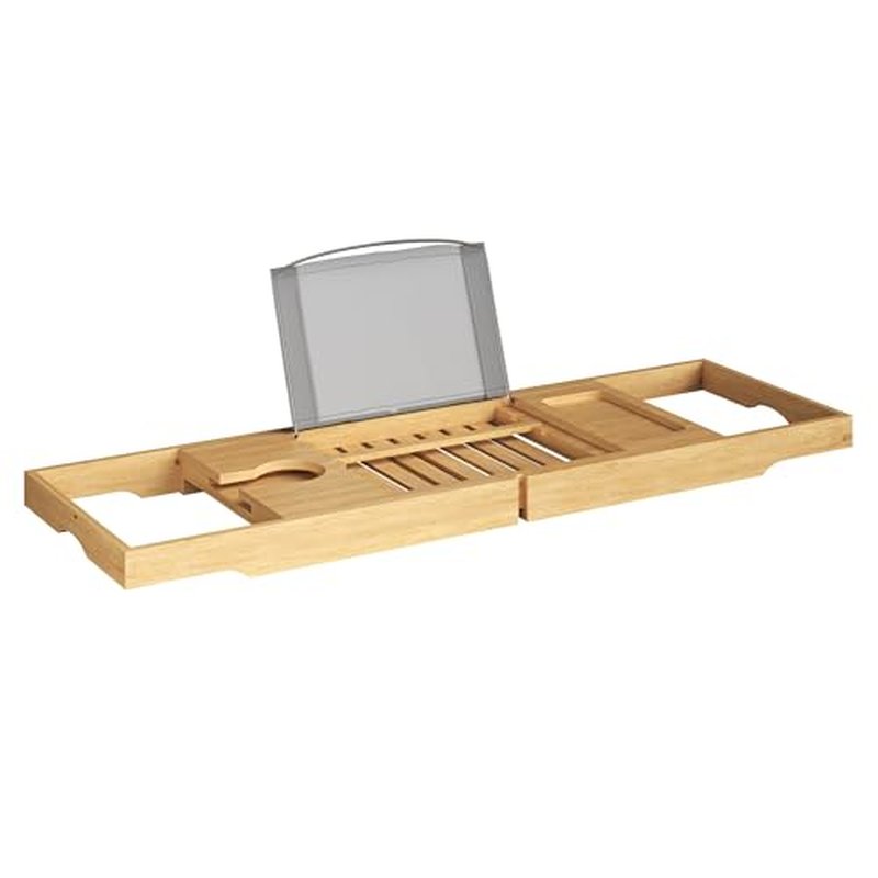 Bamboo Bathtub Tray - Wood Bath Caddy with Book, Phone, or Tablet Rest, Cup Holder, and Extended Sides for Bath Accessories by Home-Complete (Natural)
