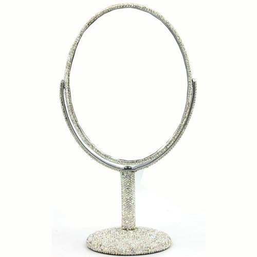 Bling Bling 6-Inch Double-Sided Tabletop Makeup Mirror, Oval Metal Makeup Mirror with 1:2 Magnifying Mirror, Rotating Mirror for Vanity (Silver)