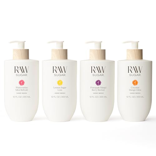 Raw Sugar Hand Wash Variety Pack 4 Scents - Coconut Mango, Pineapple Berry, Watermelon Mint, Lemon Sugar, 16.9 Fl Oz Bottles