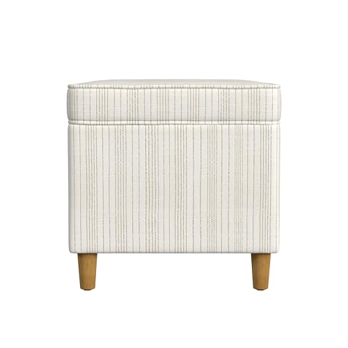 24-Inch Cream Marigold Pinstripe Storage Ottoman with Wooden Legs — Space-Saving Bench
