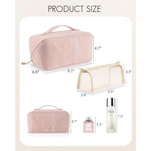 Vlando Makeup Bag,Large Capacity Toiletry Bag for Women Waterproof Portable Make up Pouch PU Leather Open Flat Cosmetic Bag(Sand Pink)