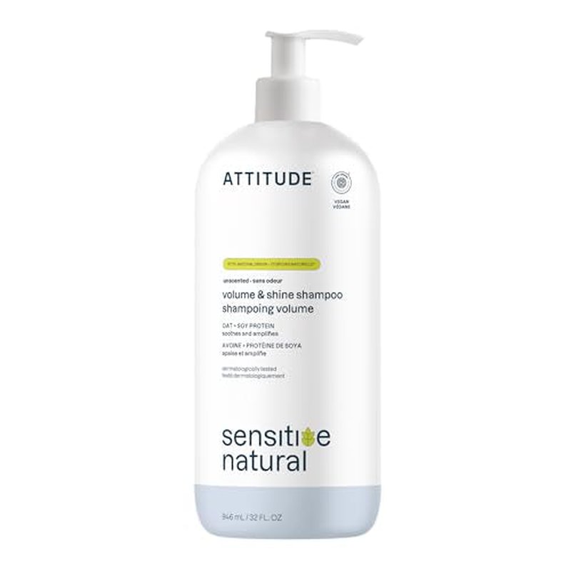 ATTITUDE Hair Shampoo for Sensitive Dry Scalp, EWG Verified, Soothing Oat, For Thin Hair, Naturally Derived Ingredients, Vegan and Plant-Based, Volume and Shine, Unscented, 32 Fl Oz