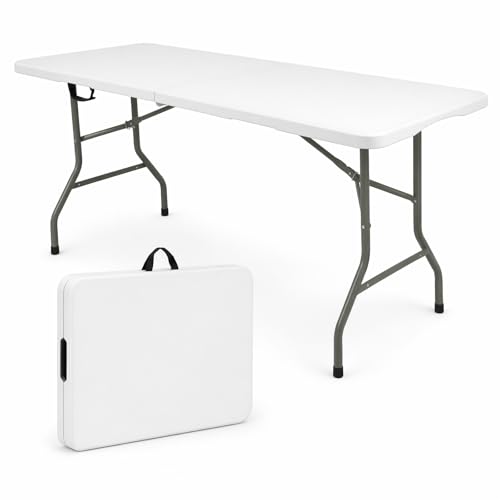 Heavy Duty 8ft Folding Outdoor Dining Table - Portable White Plastic with Steel Legs