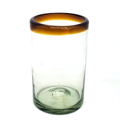 MexHandcraft Amber Rim 14 oz Drinking Glasses Set of 6 - Handblown Recycled Lead-Free Tumbler