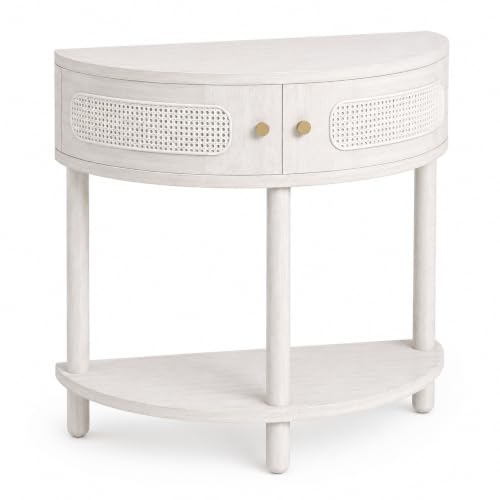 Weathered White Half Moon Entry Table - Modern Cane Console with Storage