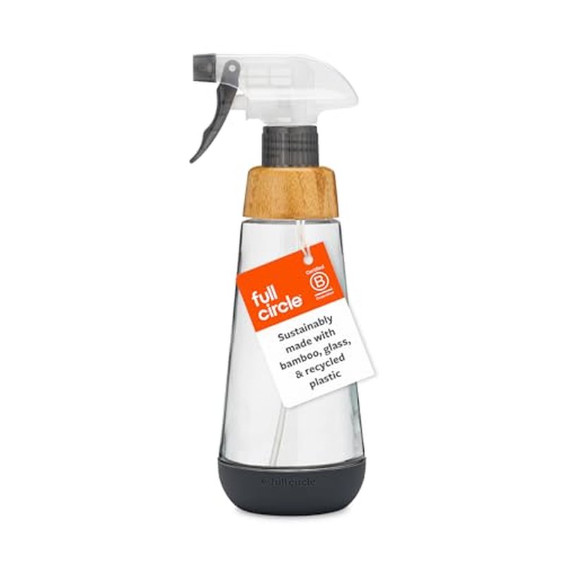 Full Circle Bottle Service - Refillable Glass Spray Bottle for Cleaning - Versatile Stream & Mist Options, Bamboo, Silicone Boot - Ideal for Non-Toxic Solutions & Plant Care, 16oz, Gray