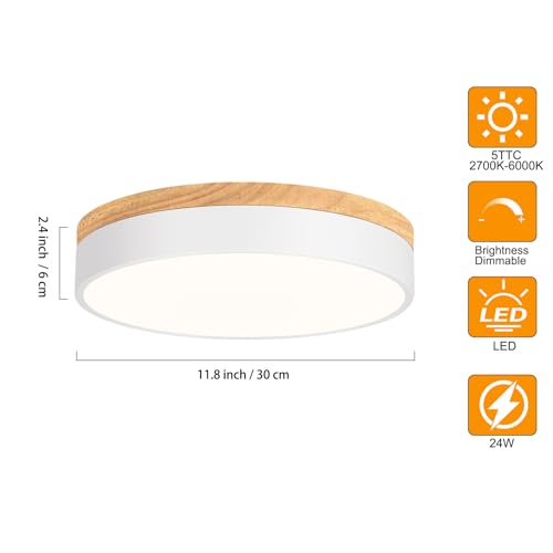Dimmable Wooden LED Flush Mount Ceiling Light - White, 11.8 Inch, 5 Color Temps