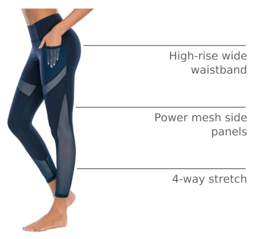 Women's High Waist Yoga Pants with Side Pockets & Mesh Insert - Small Navy Blue