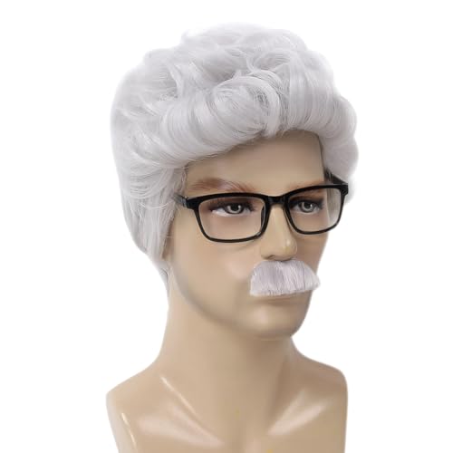 STfantasy Grey White Short Men's Wig with Sunglasses & Beard for Old Man Costume Halloween Cosplay 12 Inch