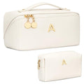 CLOUDWINGS Large Personalized Makeup Bag Set for Women & Teen Girls - Beige, Initial Customization, Travel Organizer