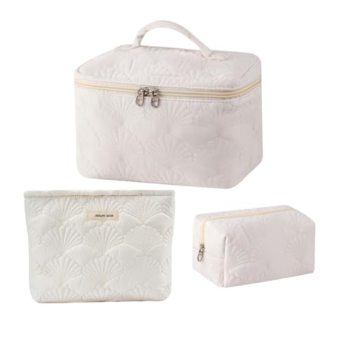 3Pcs White Shell Quilted Cotton Makeup Bag Set - Travel & Organizing Accessories