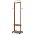 Wooden Coat Rack with Shelves and Rollers - Walnut Finish