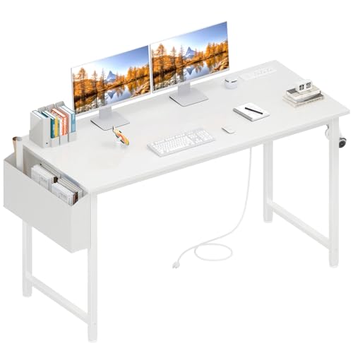 White Computer Desk with Power Outlet and USB Charging Station - 47.2 Inch Teen Study & Gaming Table