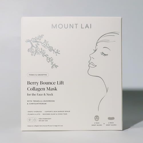 Mount Lai Berry Bounce Overnight Face and Neck Lifting Collagen Mask - 4 Pack with Hyaluronic Acid, Tremella Mushroom & Goji Berry for Plump, Firm Skin Appearance from Face to Decolletage
