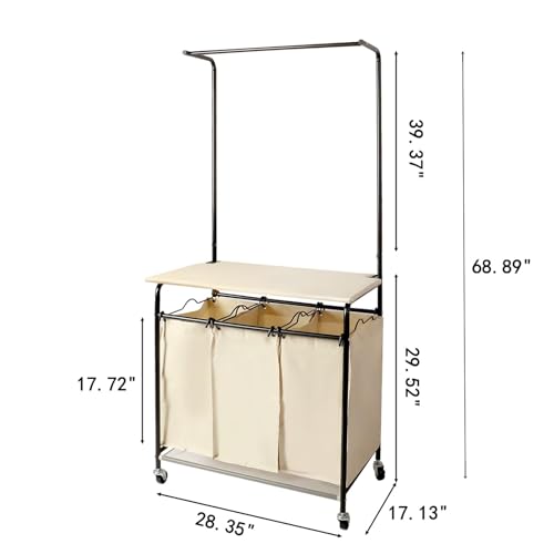 3-Section Laundry Sorter with Hanging Bar & Foldable Ironing Board, Rolling Cart
