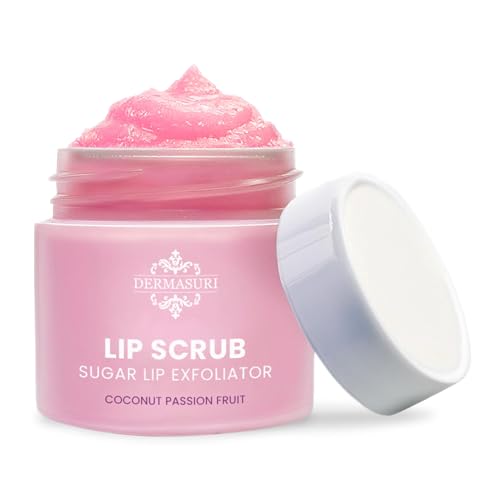 Dermasuri - Lip Exfoliator Scrub & Moisturizer - Sugar Scrubs, Overnight Hydration & Softening - Brighten & Soften Dark Lips For Men & Women -Soothing Dryness -Coconut Passion Fruit Flavor - 20g/0.7oz