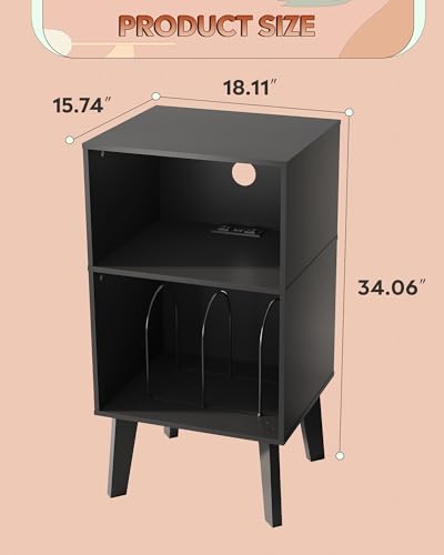 Record Player Stand with Charging Station - Mid Century Tall Nightstand