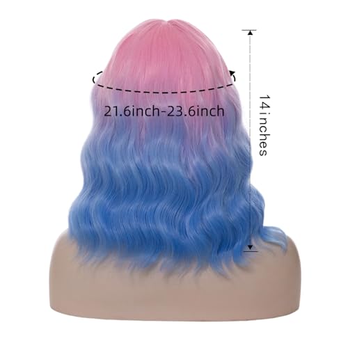 Pink Ombre Blue Short Wavy Curly Wig 14 Inch Cosplay Halloween Party Hair - Variation of Pink Ombre Blue