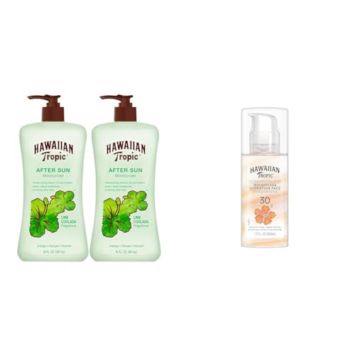 Hawaiian Tropic After Sun Lotion Twin Pack, 16oz each & Face Sunscreen SPF 30, 1.7oz Travel Size
