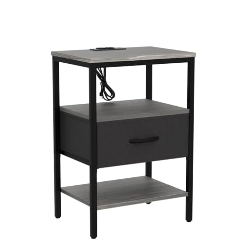 SUPERJARE Set of 2 Nightstands with Charging Station - Charcoal Gray & Black, Model M-2, 11.8"D x 15.7"W x 23.4"H