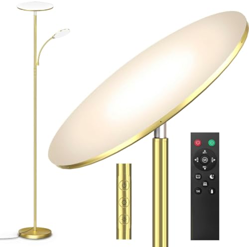Brushed Gold Floor Lamp with Articulated Reading Light - 44W/4500LM Stepless Dimmable Standing Lamp for Living Room & Office