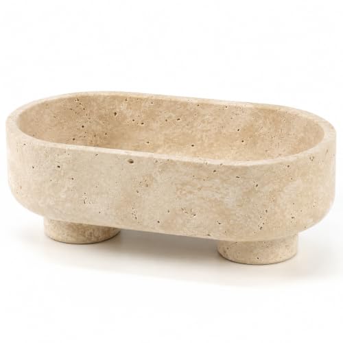 LIN CHUAN Natural Travertine Oval Fruit Bowl with Two Legs - Beige Decor