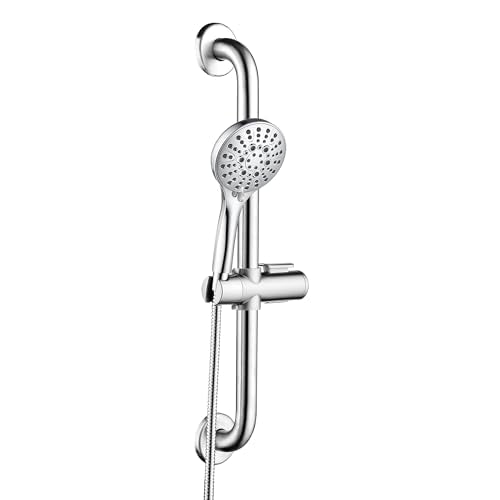 Stainless Steel Shower Grab Bar Set with Handheld Shower Head & Long Hose - Chrome Plated