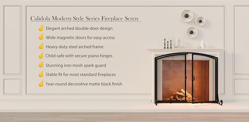 Large Fireplace Screen with Double Doors - Heavy Duty Steel, Black, Childproof, 37.8"W x 30.7"H