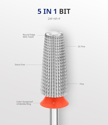 AIRSEE 5-in-1 Tungsten Carbide Nail Drill Bit - Fine, XF, 2XF, Silver, Left/Right Hand