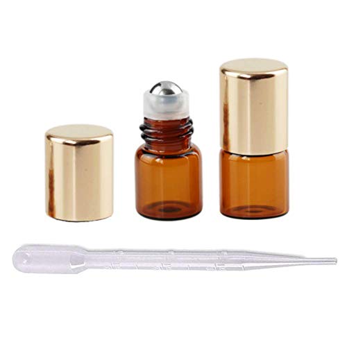 50Pcs 2ml (5/8 Dram) Refillable Empty DIY Mini Travel Glass Roll On Bottles Essential Oils Roller Bottles Perfumes Cosmetic Sample Vials Jar Containers with Gold Lids and Stainless Steel Roller Ball