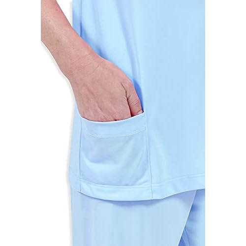 Miss Elaine PJ Set - Women's Nylon Tricot Pajama Set, Short Sleeves, Round Neckline with Embroidered Trim, Button Front Top