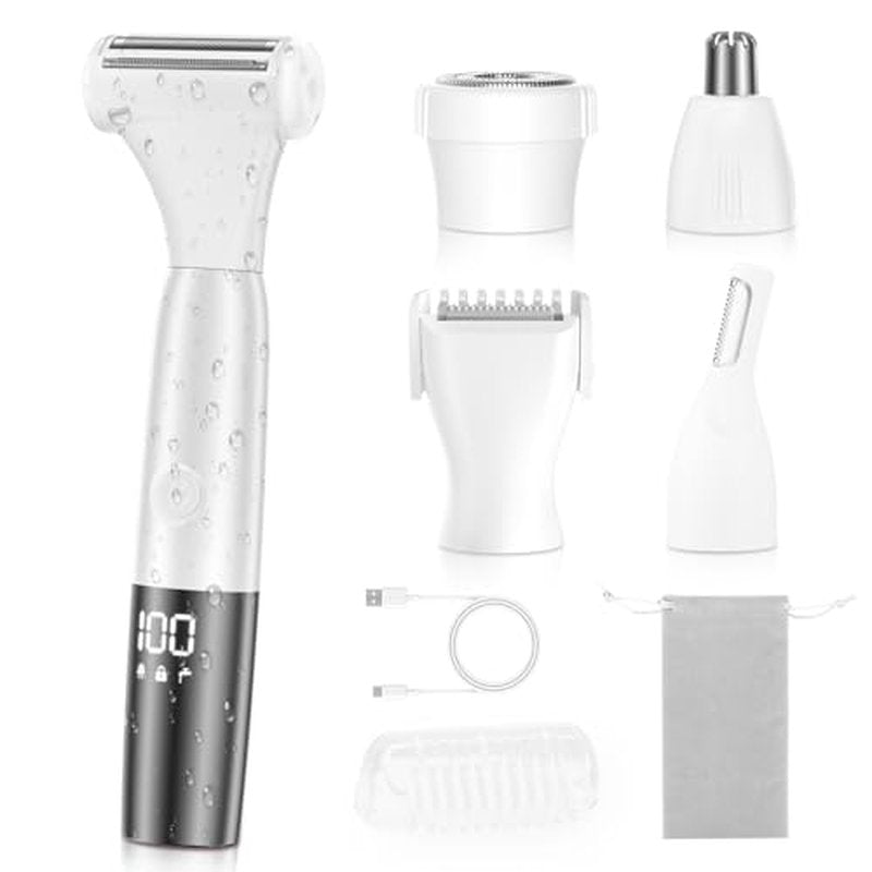 5 in 1 Bikini Trimmer for Women - Electric Razors for Women, Cordless Rechargeable Electric Shaver, IPX7 Waterproof Wet Dry Lady Body Hair Remover for Face Nose Eyebrow Arm Leg Pubic Armpit Bikini