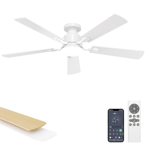 52 Inch Ceiling Fan with Lights - Flush Mount, Remote & App Control, Dimmable LED, Reversible & Quiet for Bedroom & Living Room - White / 52 Inch