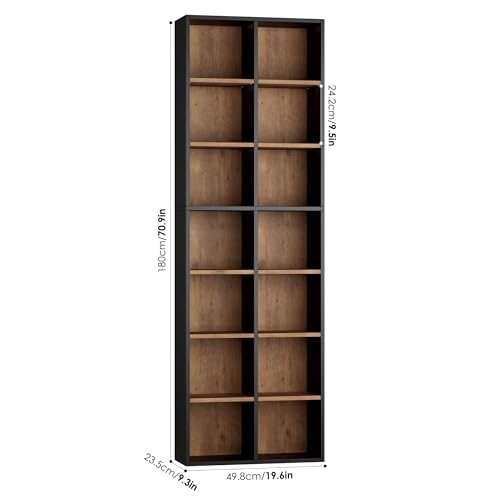 FOTOSOK 7-Tier Narrow Bookshelf Tall Media Tower in Black/Brown, Space-Saving Storage