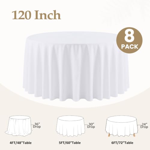 White Round Tablecloth 120 Inch for 48-96 Inch Tables - 8 Pack - CKIKU