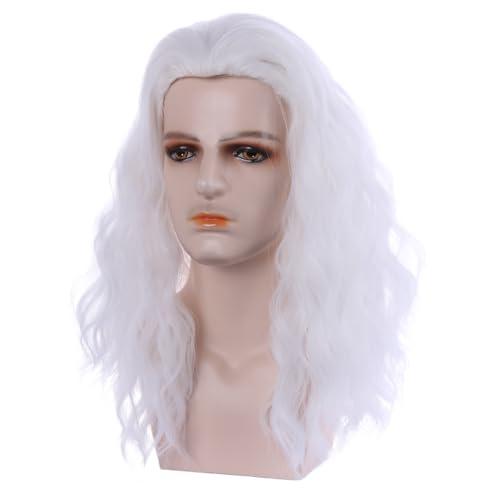 Mens White Curly Wavy Wig - Long Synthetic Hair for Men - Variation of White