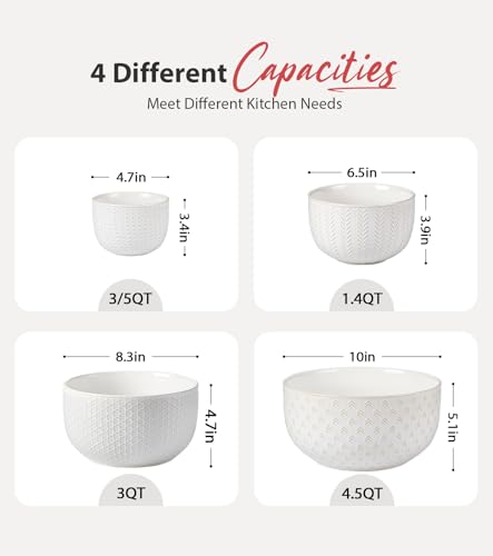 Ceramic Mixing & Serving Bowls Set of 4 - Ivory White, Rustic Design