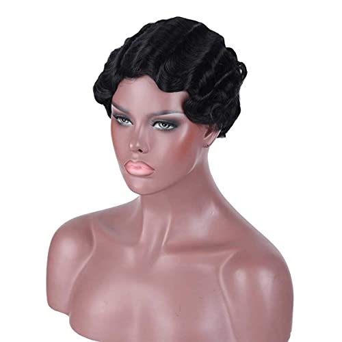 Women's Short Wavy Wig - Black Curly Human Hair 2# - Retro Natural Look