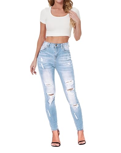 Women's High Waisted Ripped Skinny Jeans Blue 6 / Distressed Butt-Lifting Denim