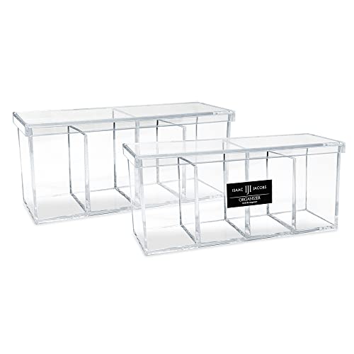 Isaac Jacobs 2-Pack 4-Compartment Clear Acrylic Organizers with Lid (9¡± L x 3¡± W x 4¡± H), Makeup Brush Holder, Sectional Tray, Storage Solution for Makeup, Crafts, Office Supplies & More (2, Clear)