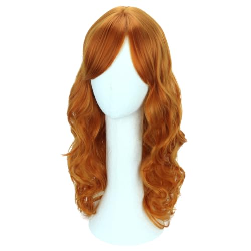 RightOn Orange Long Curly Wig with Bangs for Women - 55cm Synthetic Party Hair