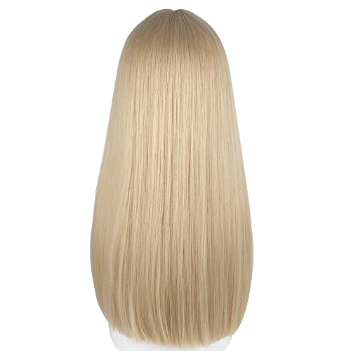White Gold 23-Inch Straight Synthetic Wig for Women with Bangs - Cosplay & Party Hair
