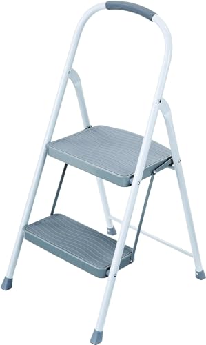 2-Step Steel Step Stool Ladder with Hand Grip - White, ANSI Type 2 Duty Rating
